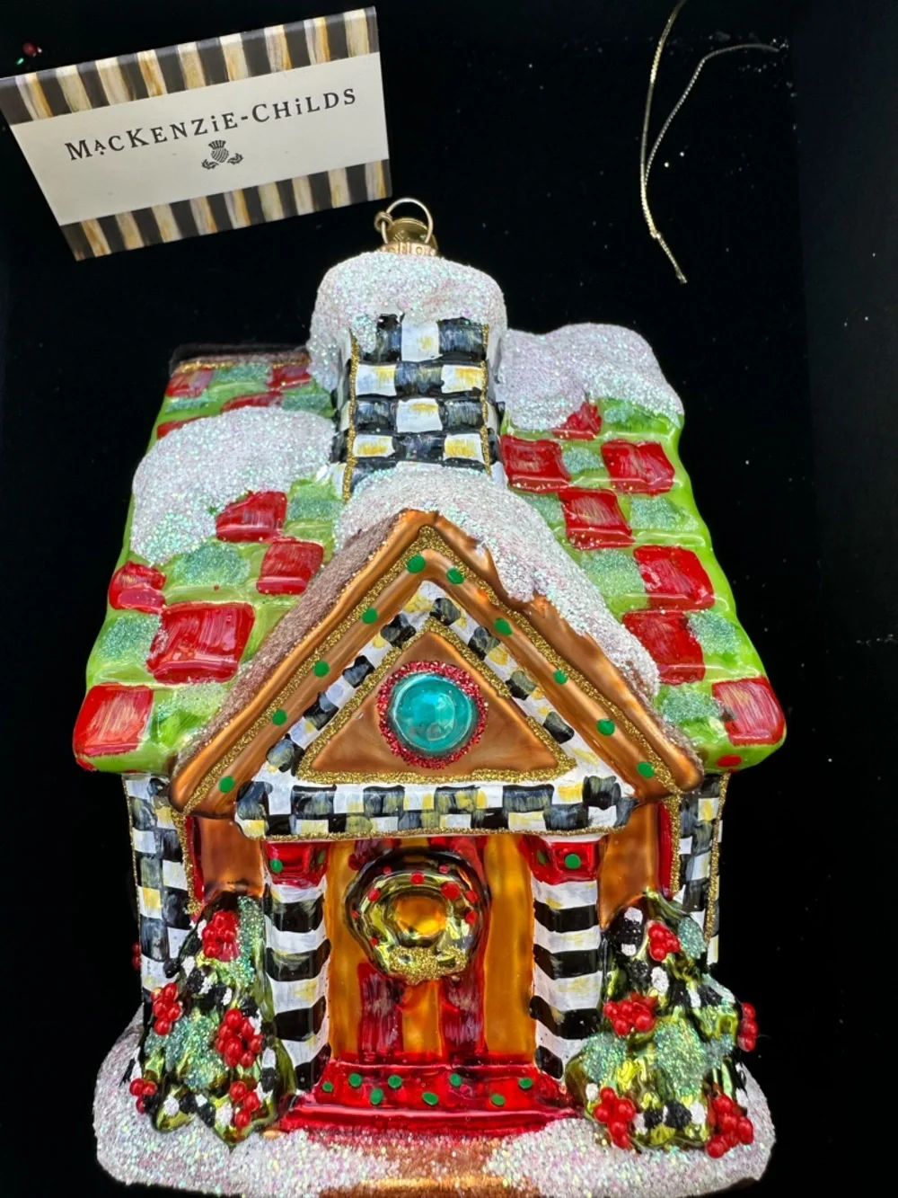 Mackenzie Childs Gingerbread House Handblown Christmas Ornament Retired in Box